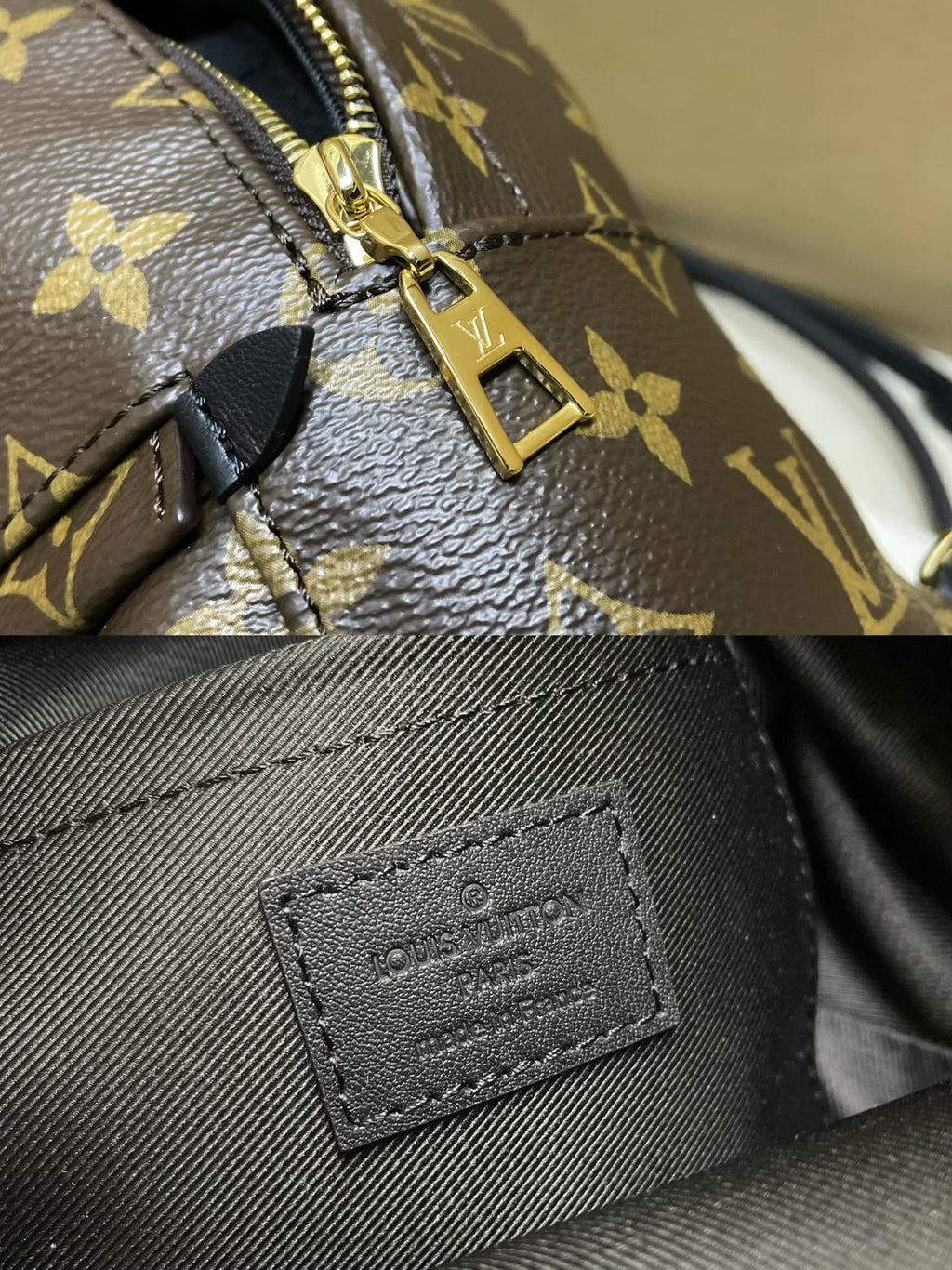 Louis Vuitton monogram mini backpack close-up of zipper pull and front logo patch, brown