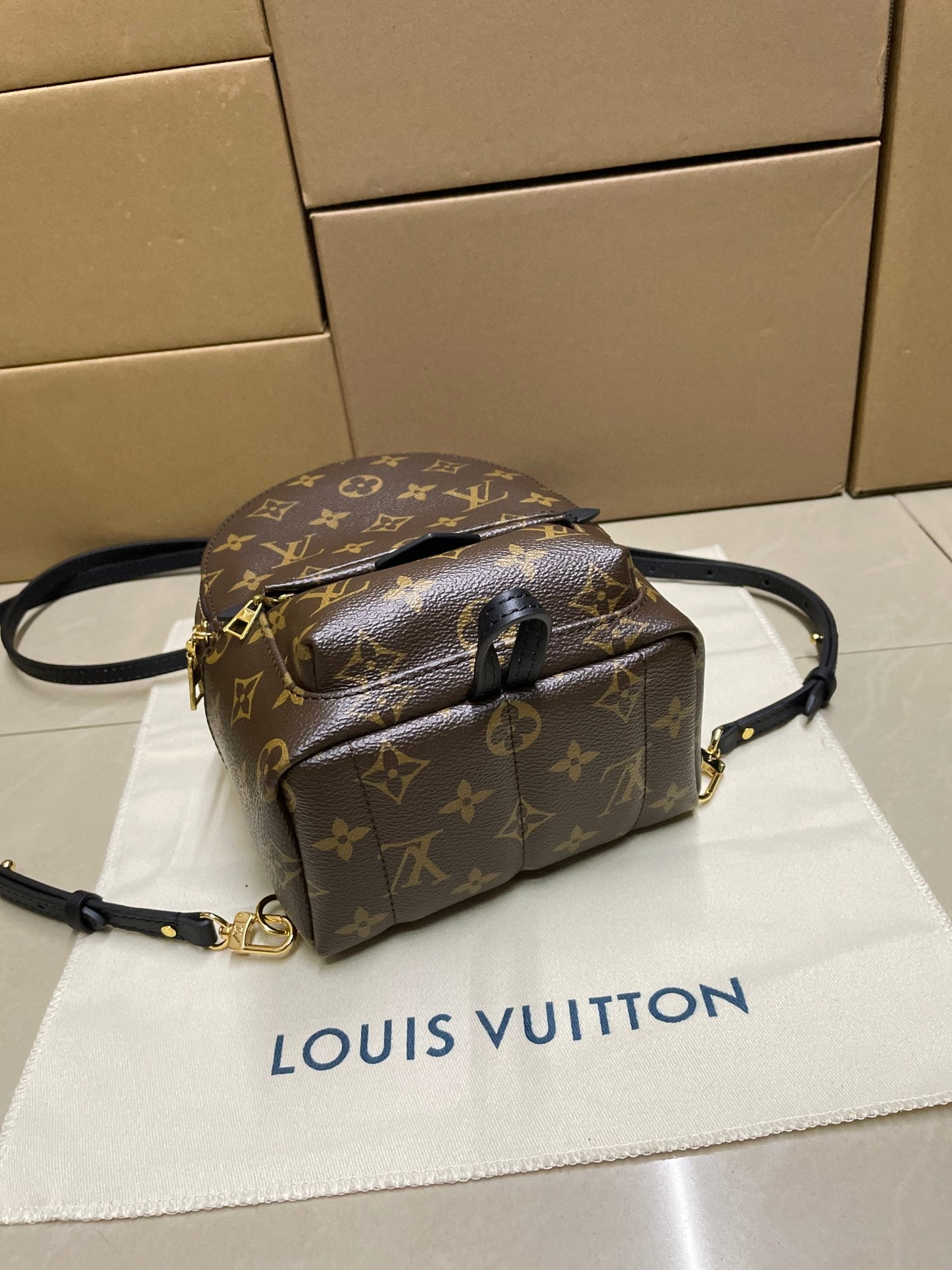 Monogram mini backpack bag with short top handle and long shoulder strap