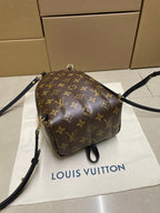 Monogram mini backpack bag on display with crossbody strap and gold-tone accents