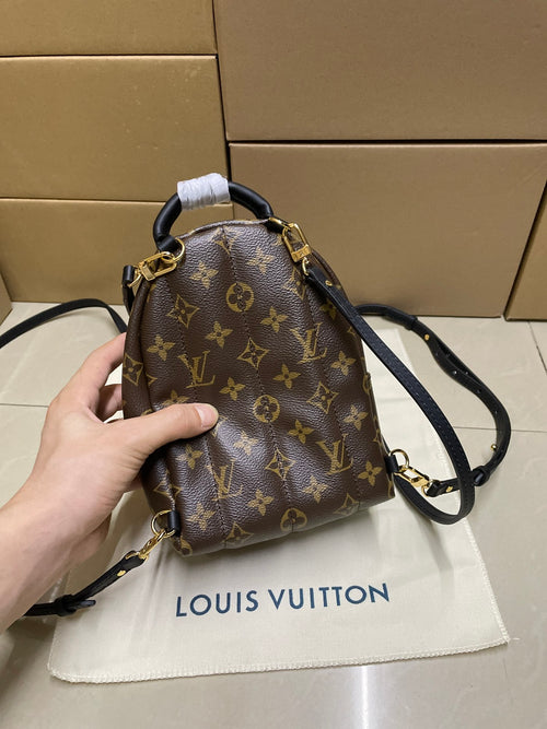 Louis Vuitton monogram mini backpack with crossbody strap and gold-tone hardware, brown