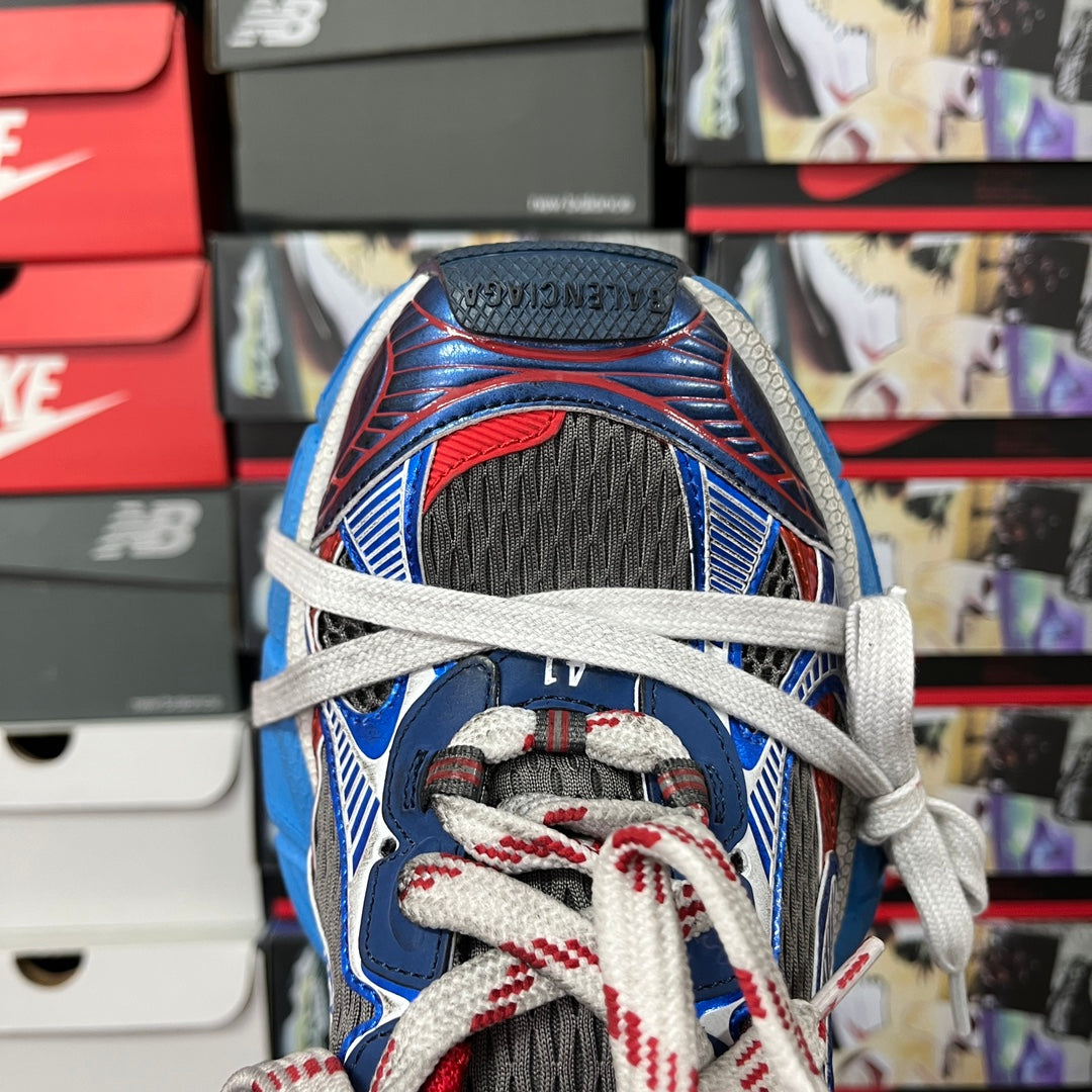 Balenciaga unisex running sneaker toe and laces, blue and red with gray mesh