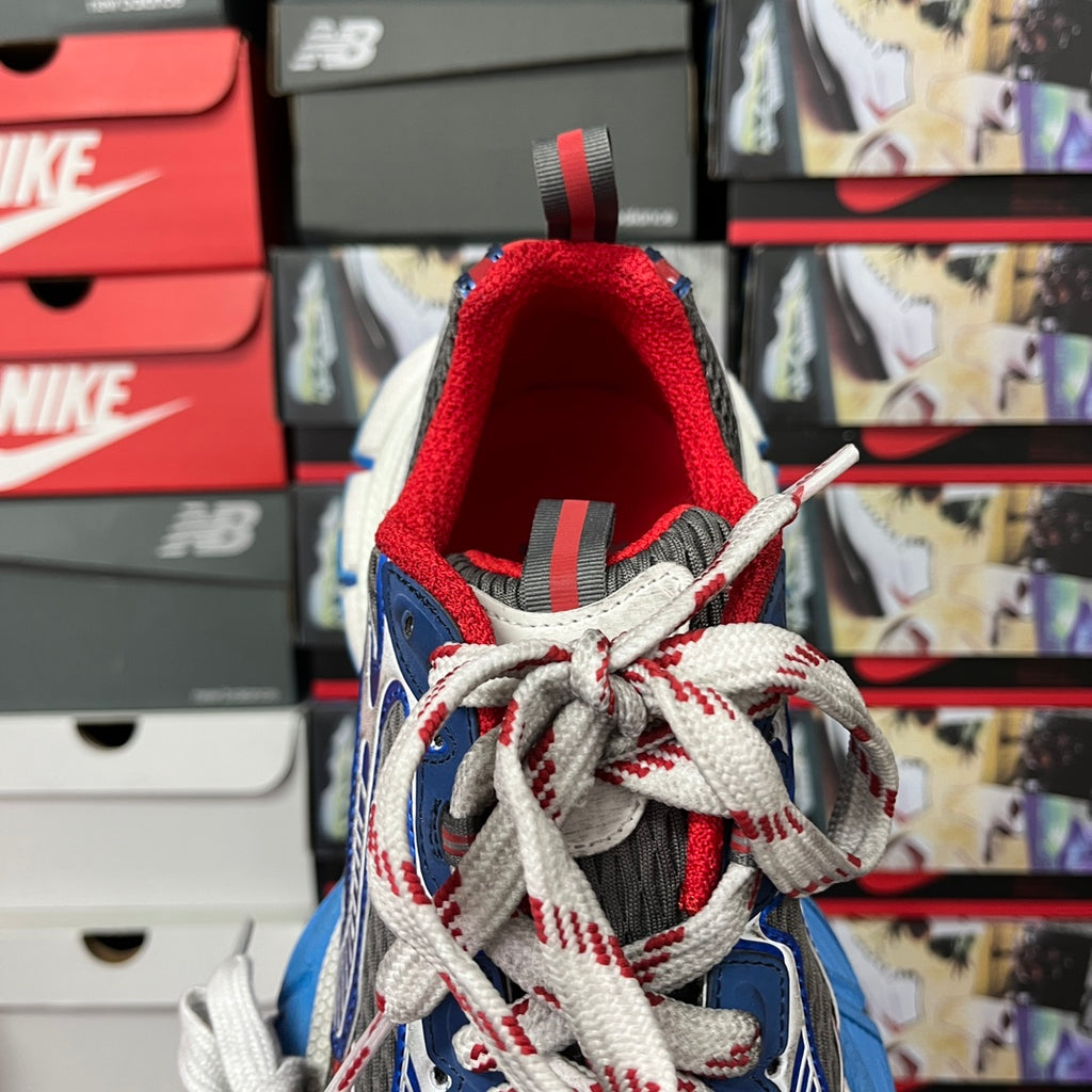 Balenciaga unisex running sneaker heel, red collar and white laces on navy upper