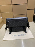 Men’s monogram crossbody bag with flap, black strap, top zip pocket and front logo