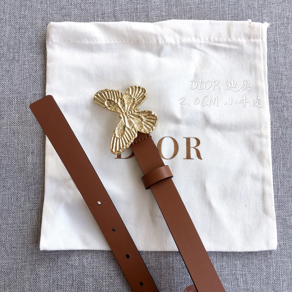 Dior brown belt with gold butterfly buckle and small adjustment holes on strap.