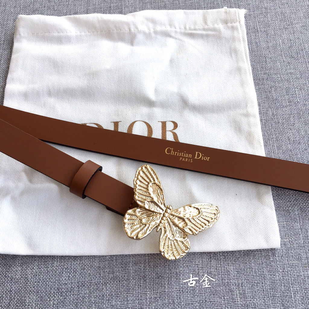 Dior brown leather belt with gold butterfly buckle and belt loop detail.