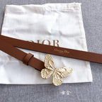Dior brown leather belt with gold butterfly buckle and belt loop detail.