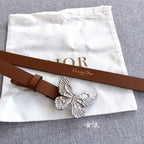 Brown leather belt with silver butterfly buckle and adjustable strap holes