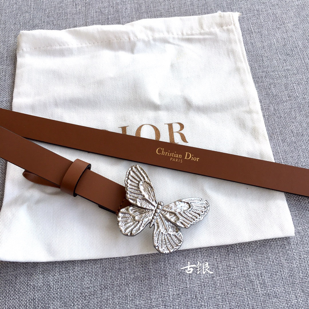Brown leather belt with silver butterfly buckle and adjustable strap holes