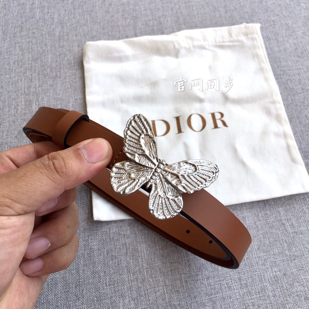 Brown leather belt with silver butterfly buckle, showing adjustable strap holes