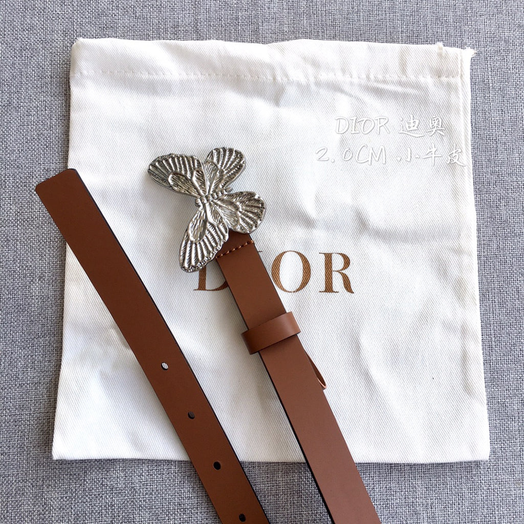 Brown leather belt with silver butterfly buckle and adjustable strap holes