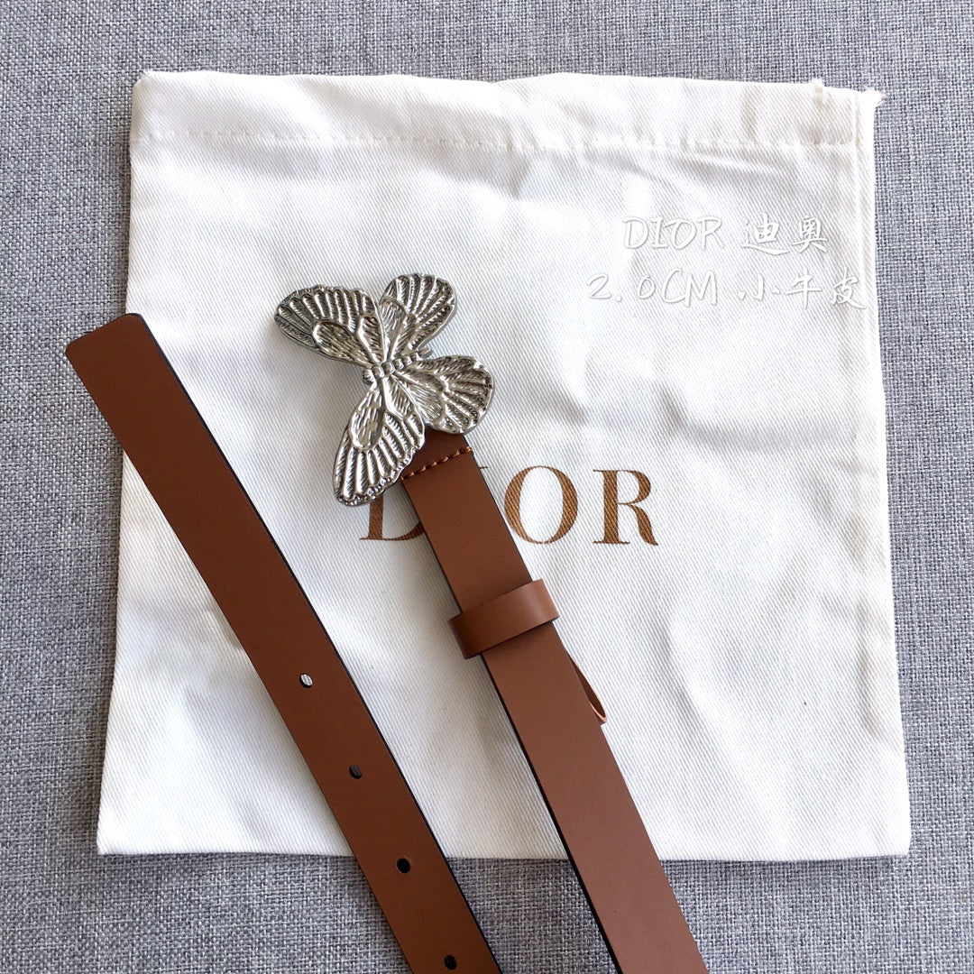 Brown leather belt with silver butterfly buckle and adjustable strap holes