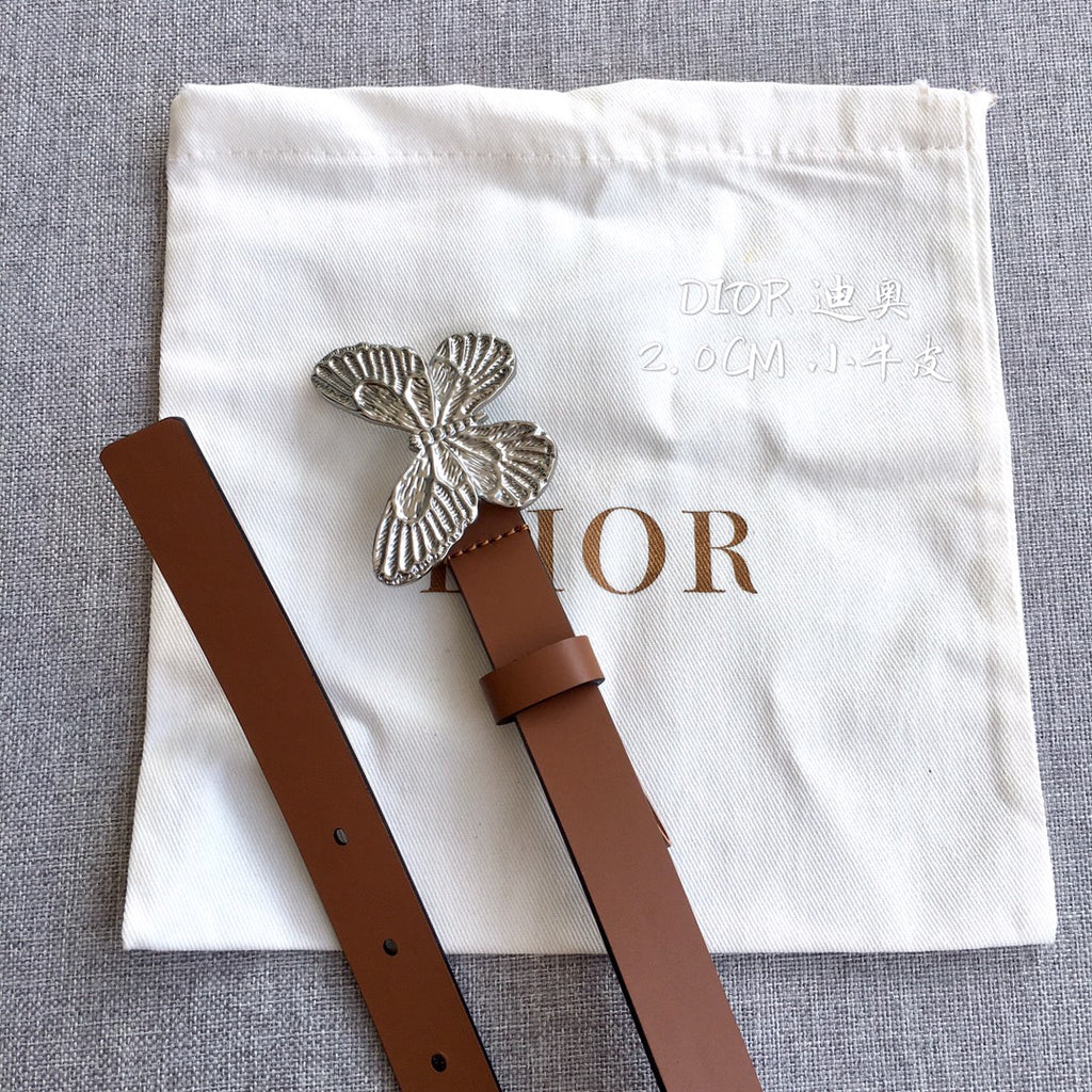 Brown leather belt with silver butterfly buckle and adjustable strap holes