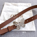 Brown leather belt with silver butterfly buckle and multiple strap holes