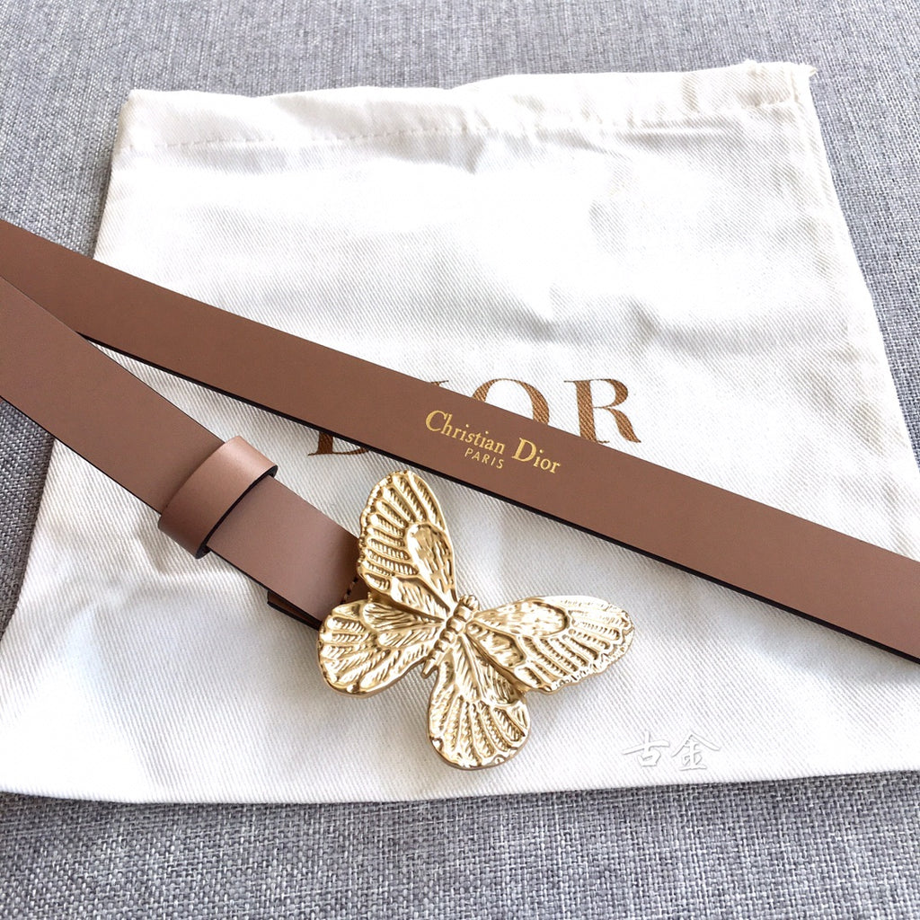 Dior belt: brown leather strap with gold butterfly clasp and visible buckle width