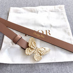 Dior belt: brown leather strap with gold butterfly clasp and visible buckle width