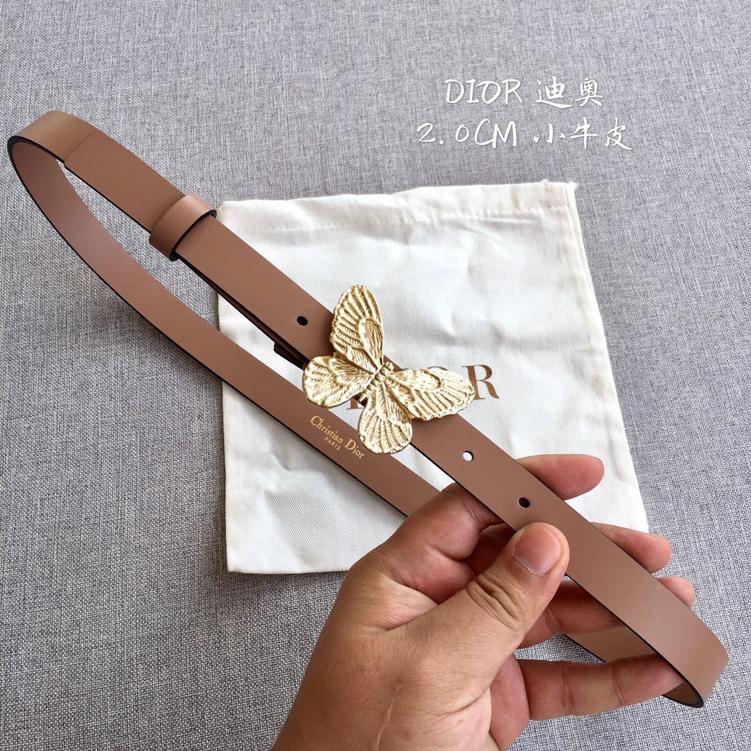 Dior belt in brown leather with gold butterfly-shaped buckle and adjustable holes