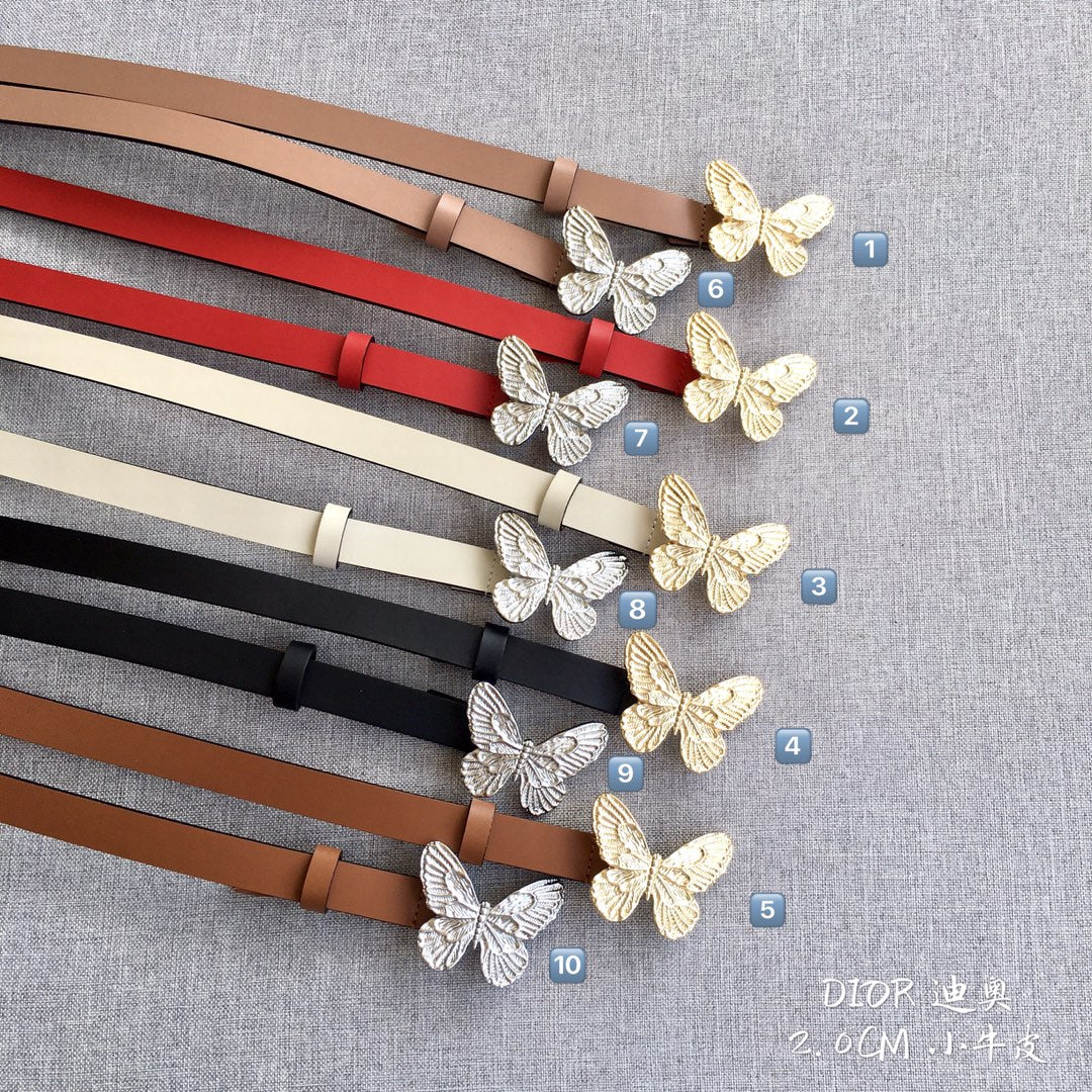 Assorted leather belts with butterfly buckles in multiple colors, numbered for selection