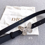 Dior black leather belt with silver-tone butterfly buckle over strap