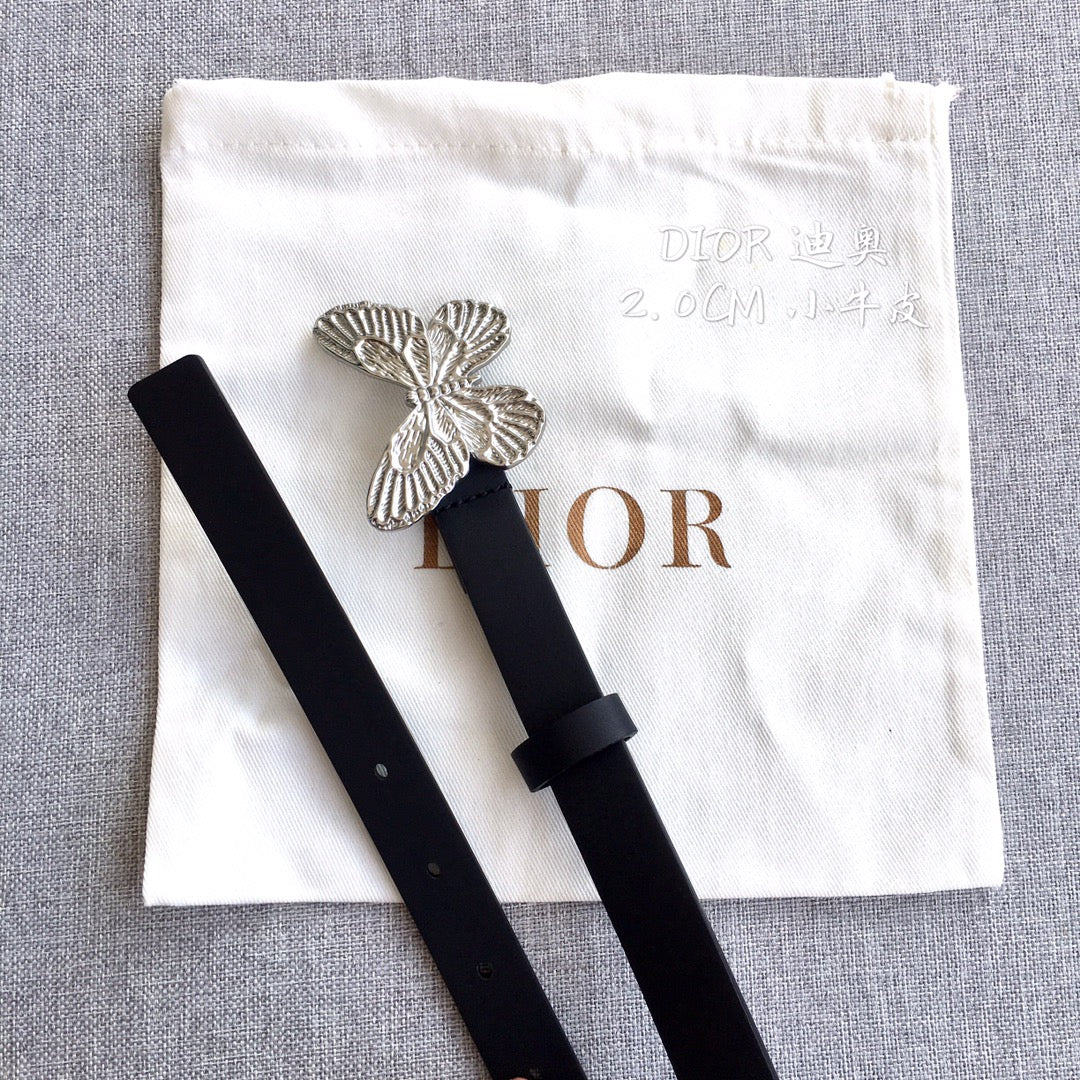 Dior black leather belt with butterfly-shaped silver-tone buckle on strap
