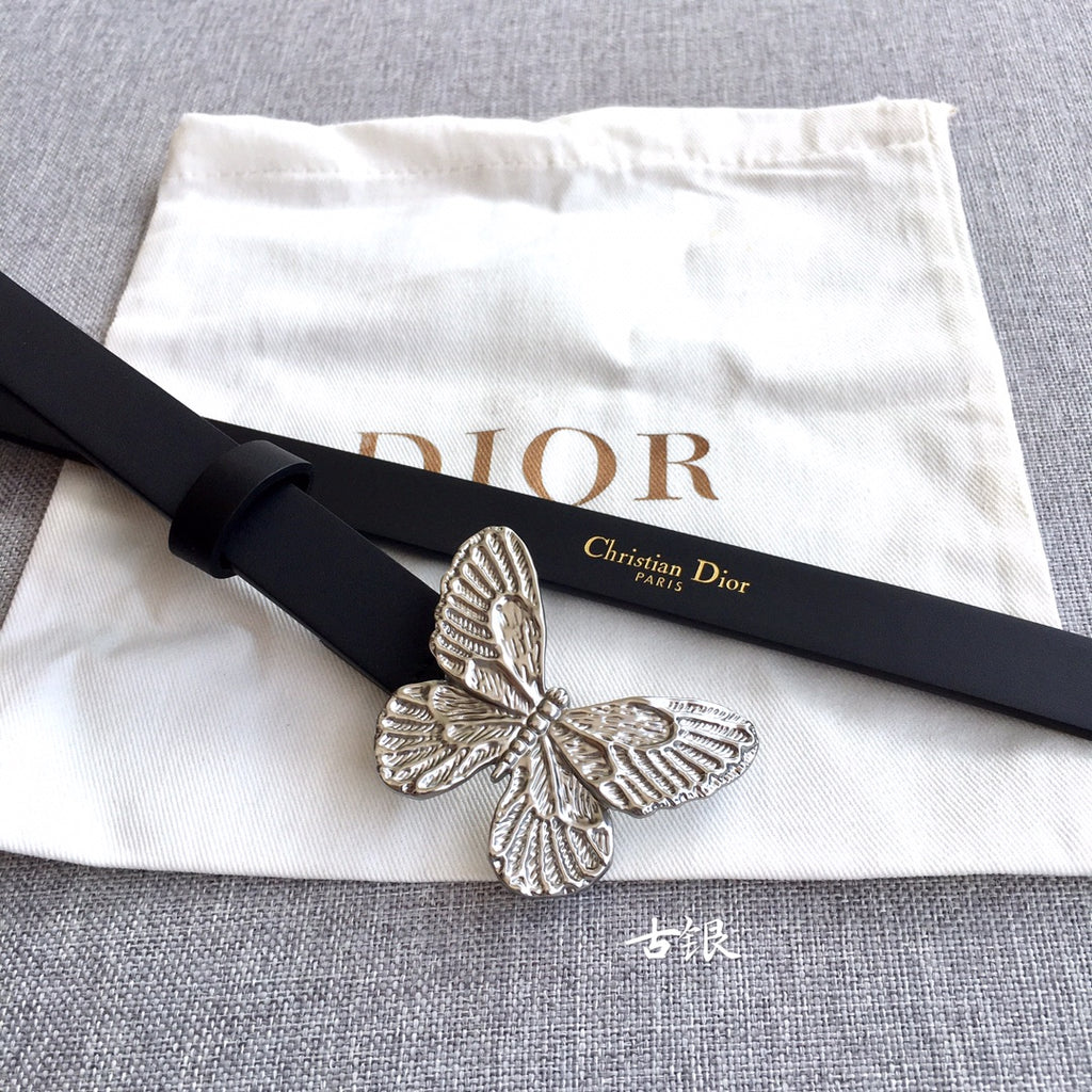Dior black leather belt with silver-tone butterfly buckle and strap end
