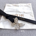 Dior black leather belt with silver-tone butterfly buckle and strap end