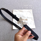 Dior black leather belt with butterfly buckle and punched adjustment holes