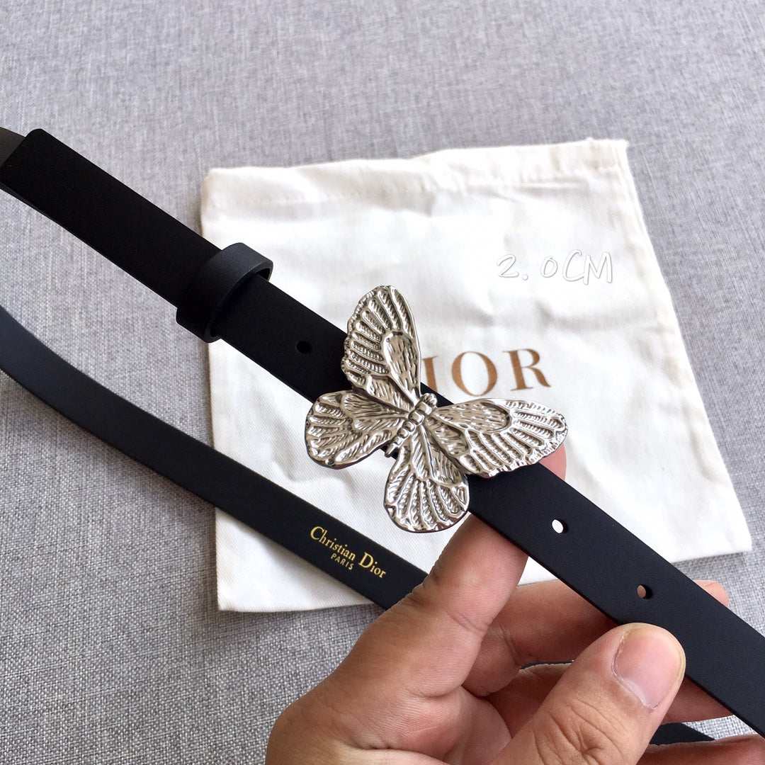 Dior black leather belt featuring large silver-tone butterfly buckle