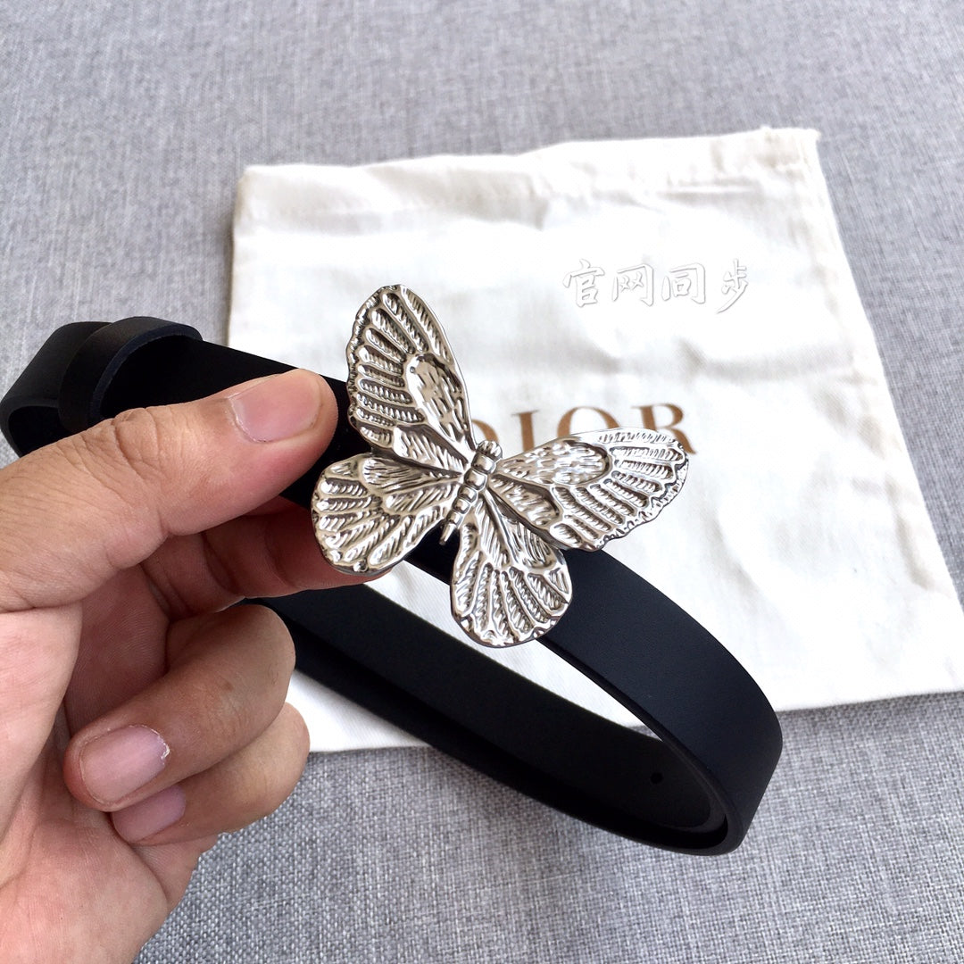Dior black leather belt with embossed butterfly buckle detail