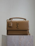 YSL tan crossbody bag with front flap, YSL logo, and chain shoulder strap