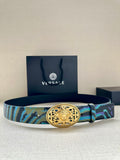 Versace belt with oval gold-tone buckle and blue-green patterned strap with dark edges