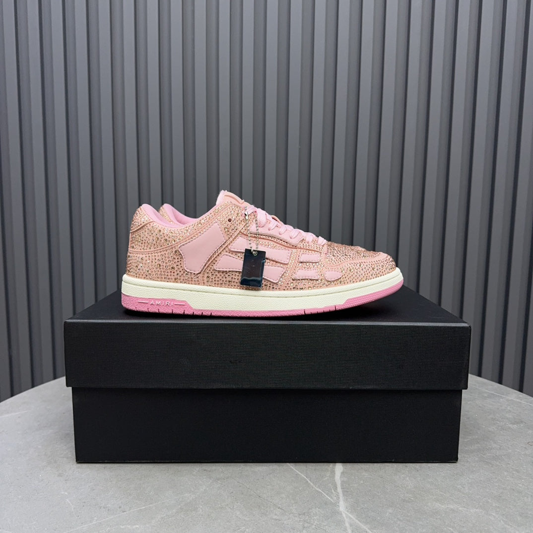 Amiri pink sequin lace-up sneakers with white side stripes and pink rubber sole