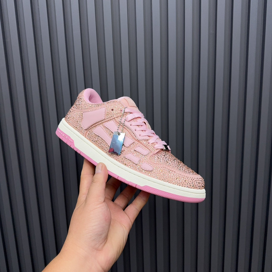 Amiri pink sequin lace-up sneakers with white side stripes and pink-trimmed sole
