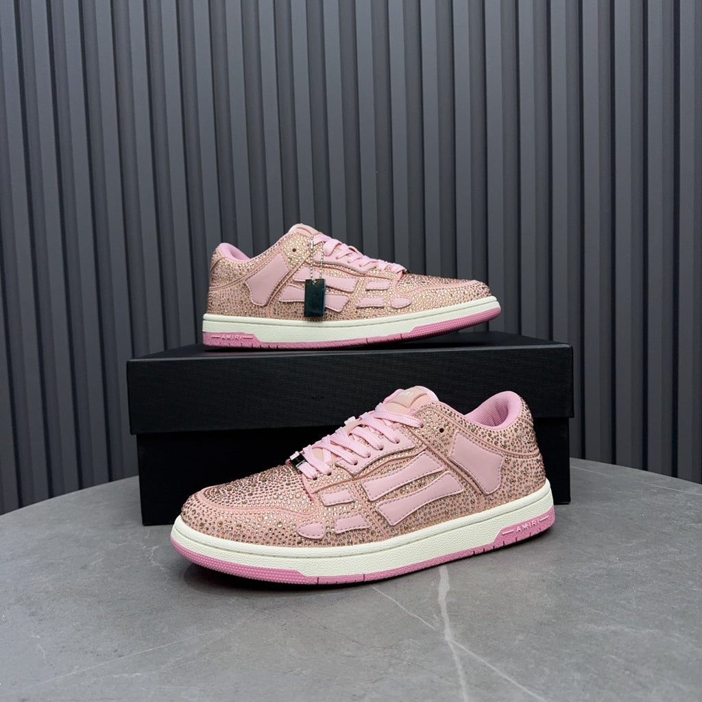 Amiri pink sequin sneakers and close companion pair, lace-up front and pink sole