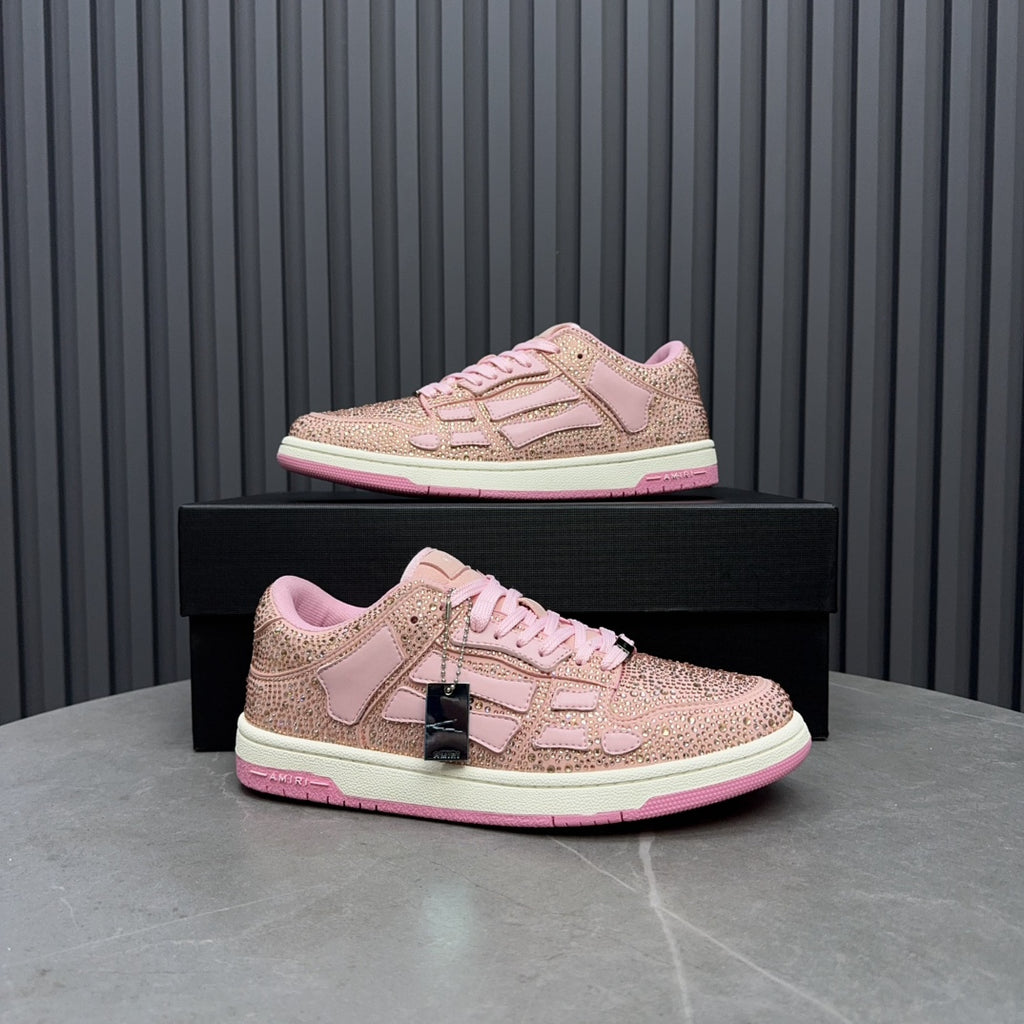 Amiri pink sequin lace-up sneakers on box, with side stripe and metallic logo tag