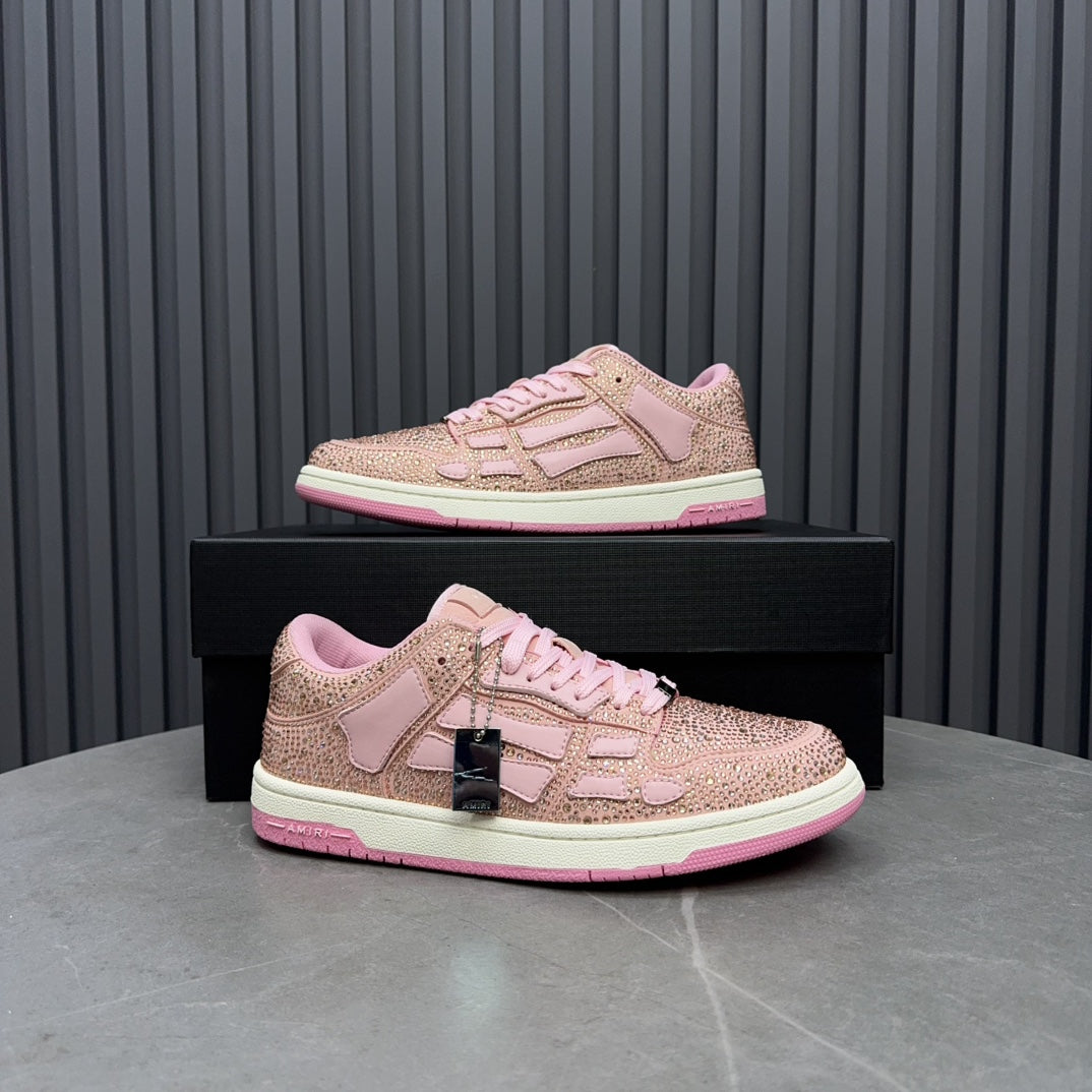 Amiri pink sequin lace-up sneakers on box, with side stripe and metallic logo tag
