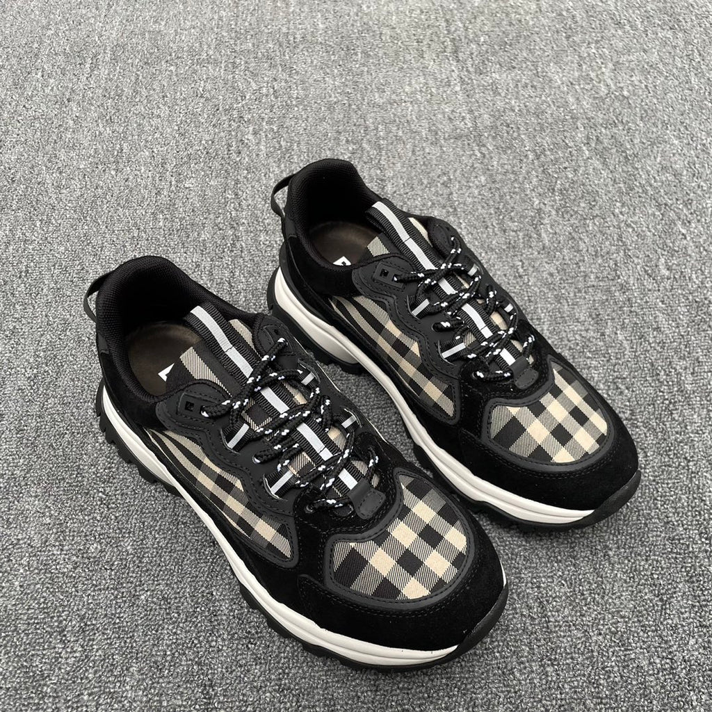 Black lace-up sneakers with beige check quarter panels and white midsole