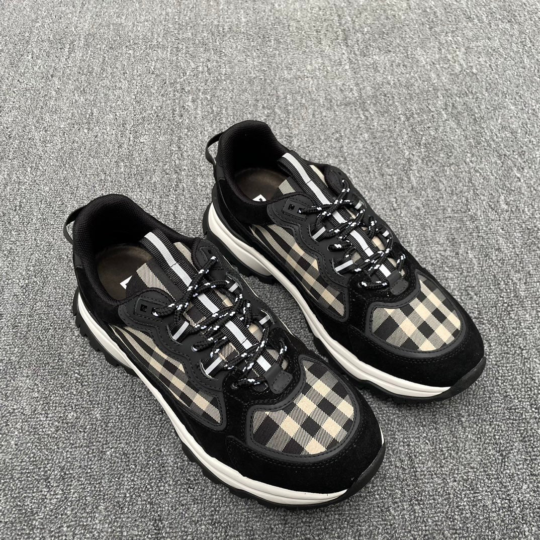 Black lace-up sneakers with beige check quarter panels and white midsole