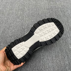 Black and white sneaker outsole with tread pattern and embossed grip texture