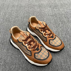 Burberry plaid panel sneakers, tan uppers with brown lace-up and white midsoles