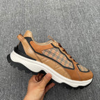 Burberry chunky sole sneakers, tan leather with plaid inserts and black heel detail