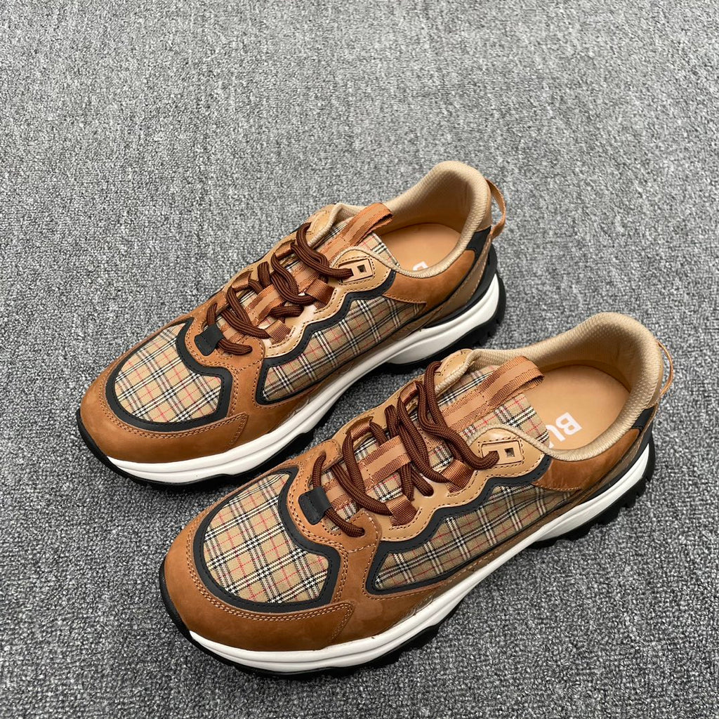 Burberry plaid panel sneakers in tan with brown laces and white sole
