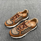 Burberry plaid panel sneakers in tan with brown laces and white sole