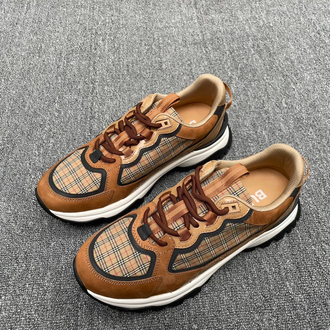 Burberry plaid panel sneakers in tan with brown laces and white sole
