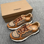 Burberry plaid panel sneakers, tan leather with brown laces and white sole