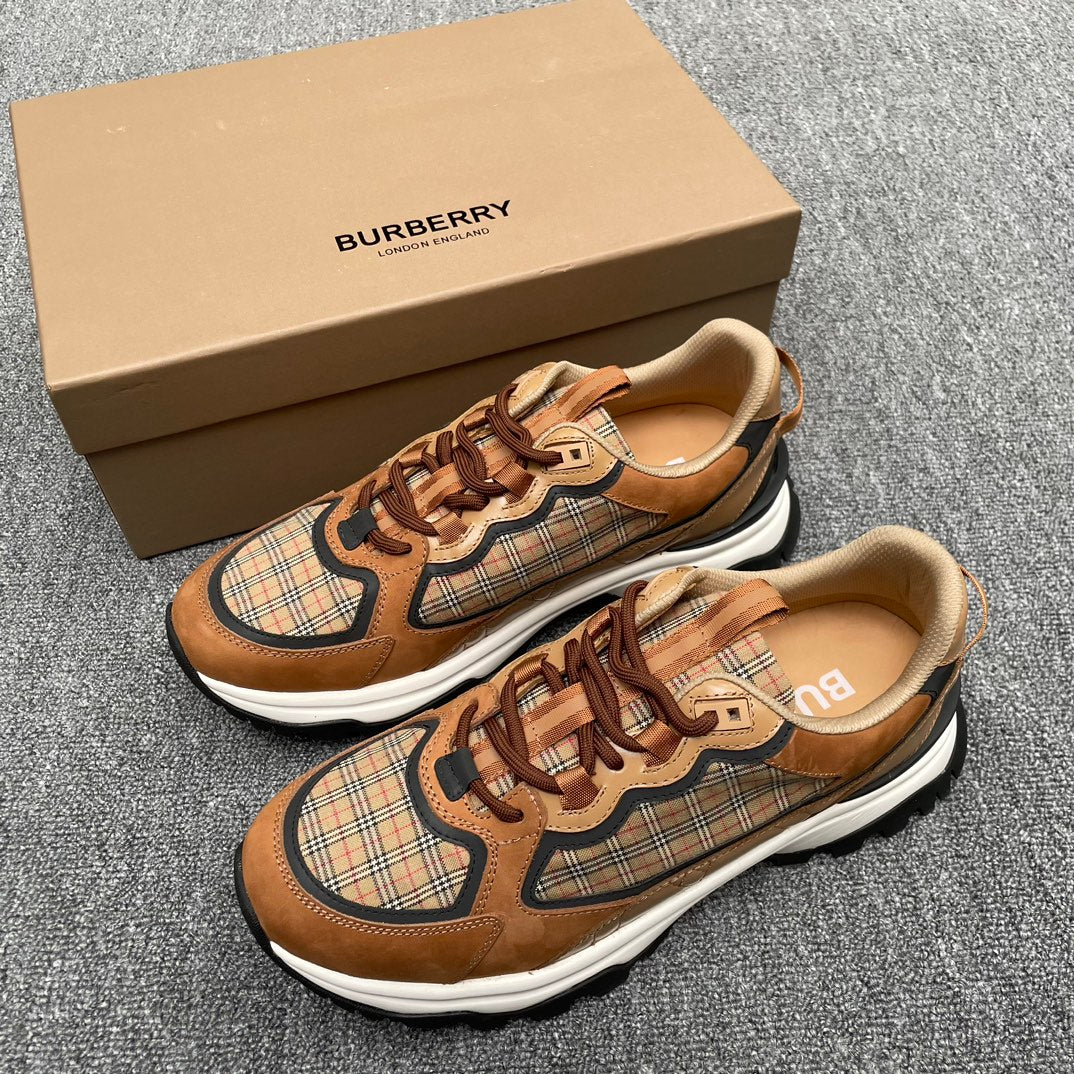 Burberry plaid panel sneakers, tan leather with brown laces and white sole