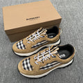 Tan suede low-top sneakers with Burberry check panels and white lace-up details