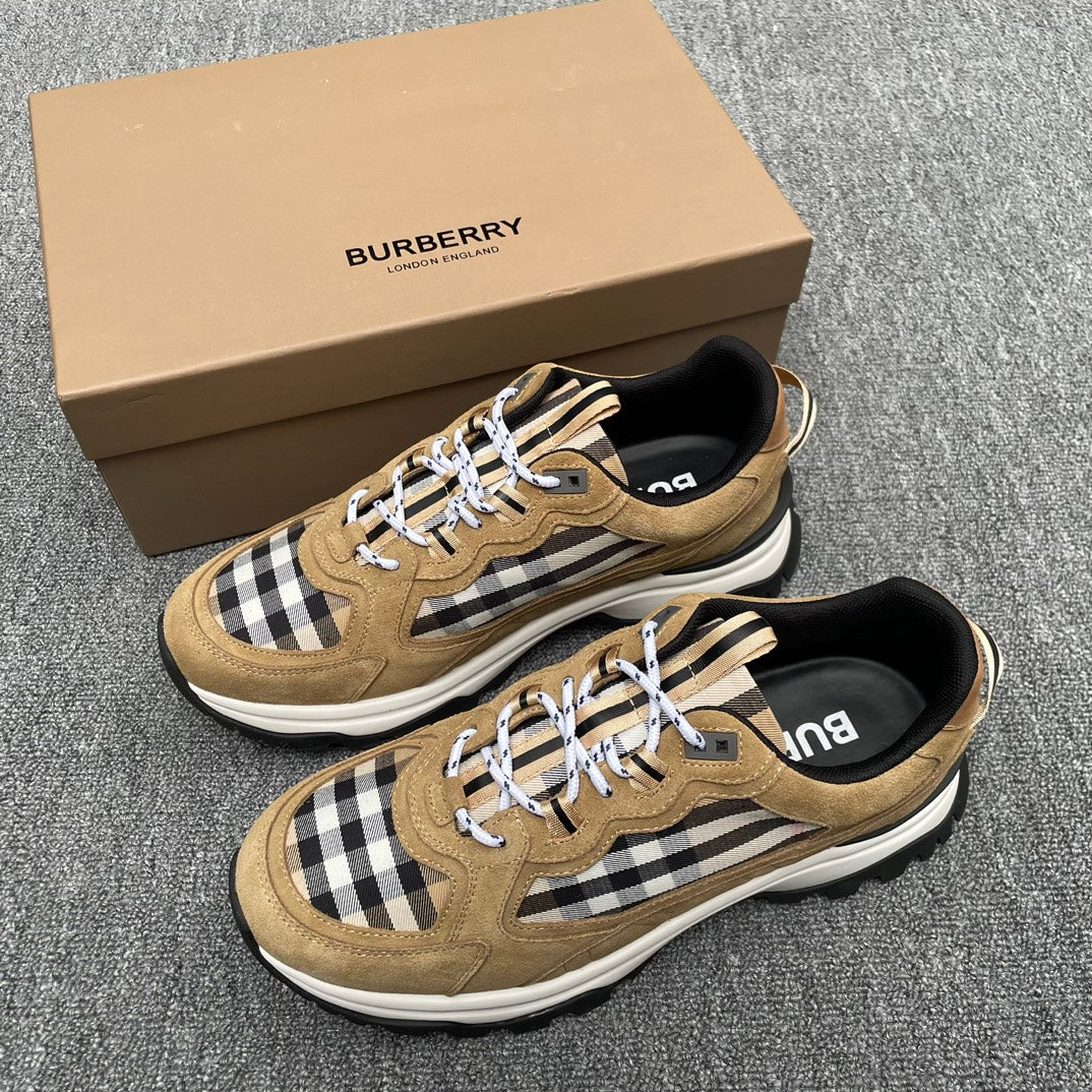 Tan suede low-top sneakers with Burberry check panels and white lace-up details