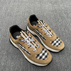 Tan suede lace-up sneakers with Burberry check toe panels and chunky white outsole