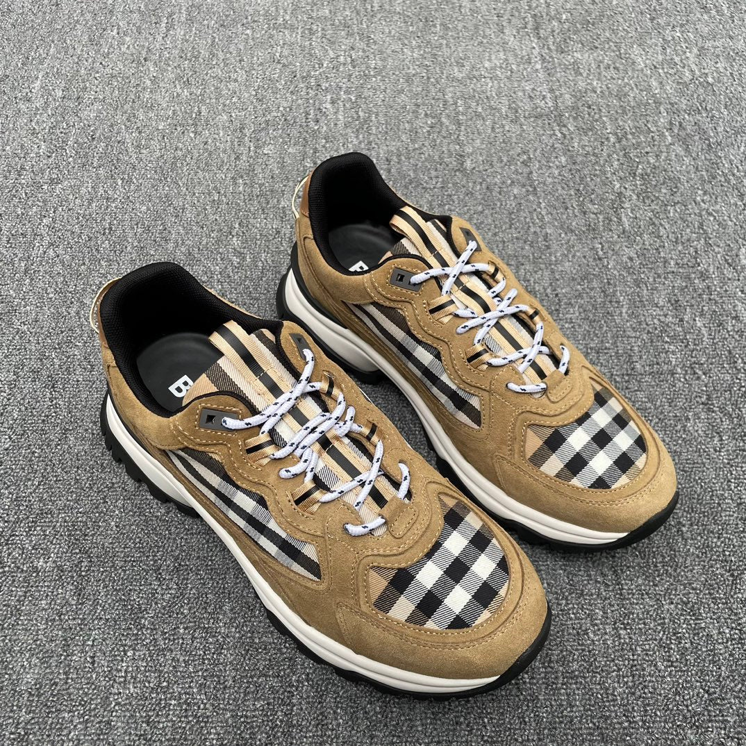 Tan suede lace-up sneakers with Burberry check toe panels and chunky white outsole