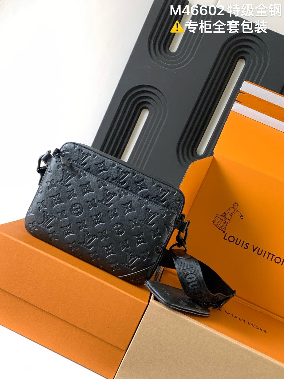 Louis Vuitton monogram crossbody bag, dark gray embossed pattern and top zip